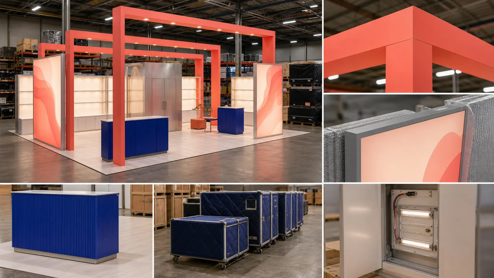 Trade show booth productization review showing reusable joints lighting and packing