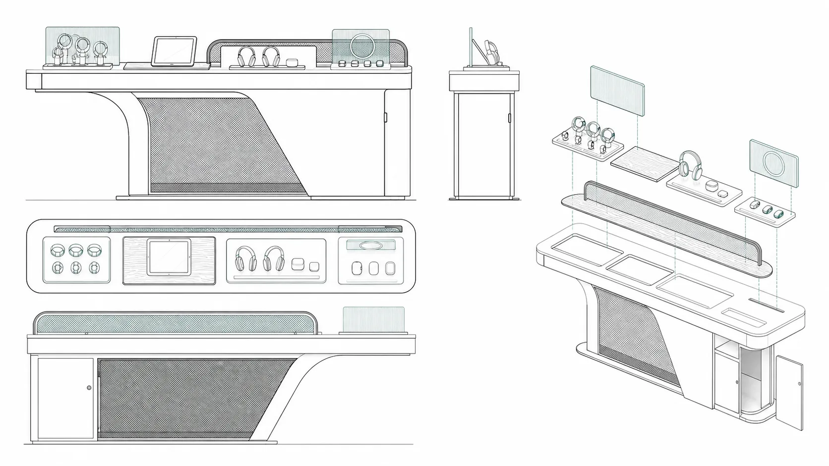 Basic drawing board showing front side and exploded views of a fictional wearable display