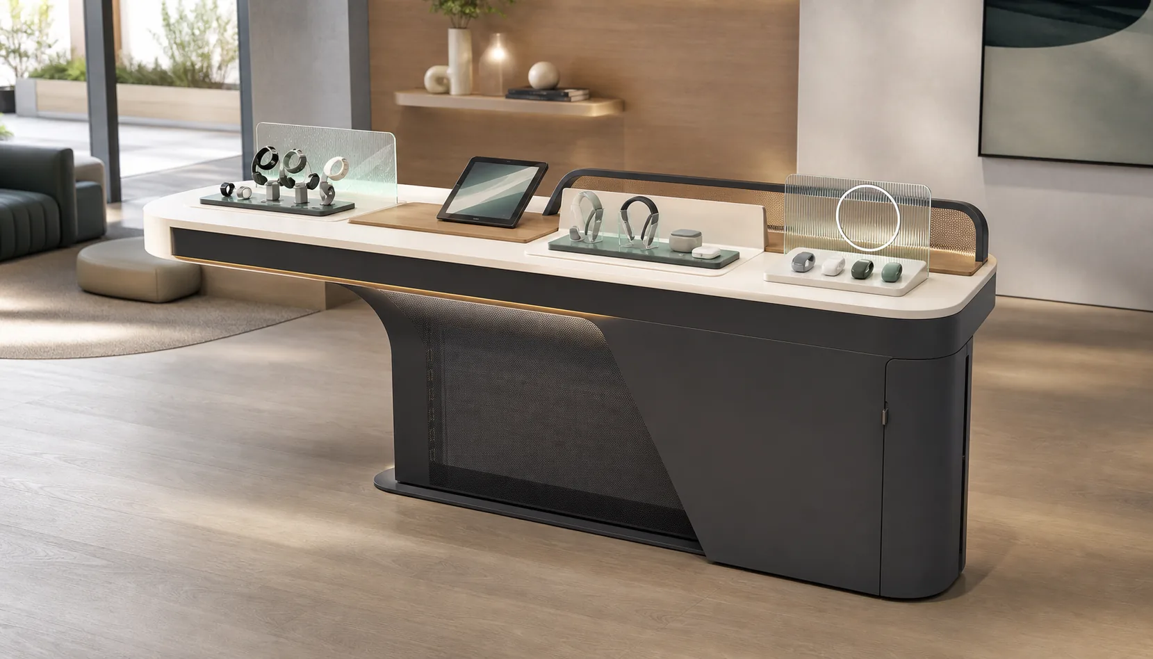 Fictional wearable technology discovery system installed in a contemporary retail showroom
