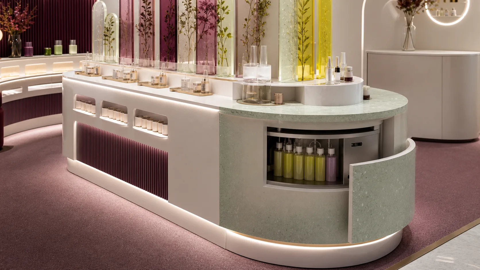 Productization details for a fictional skincare tester and illuminated display system