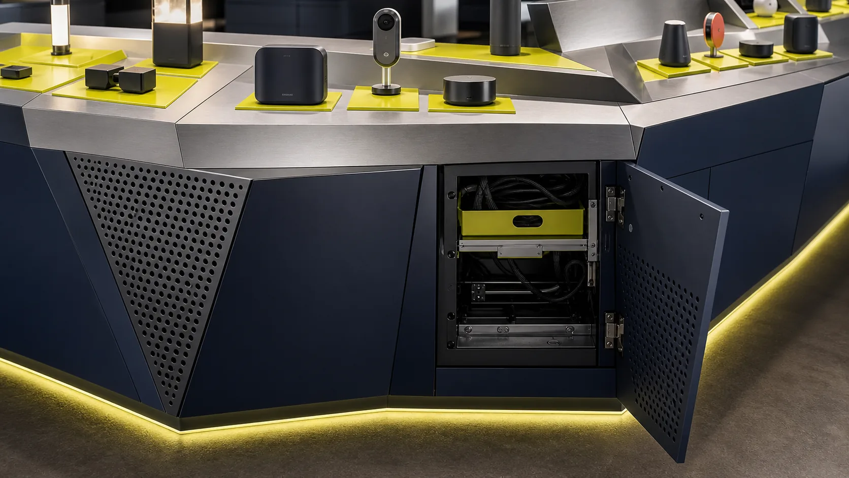 Replaceable docks and concealed cable access for a fictional electronics display