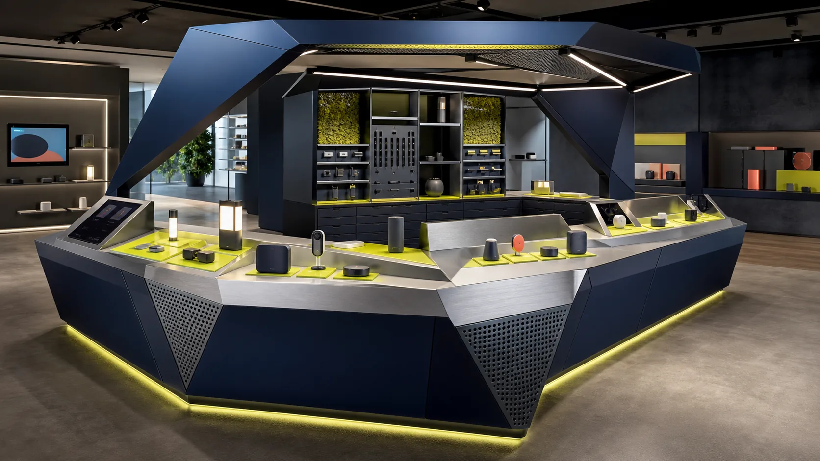 Fictional connected home electronics discovery bar in a premium retail space