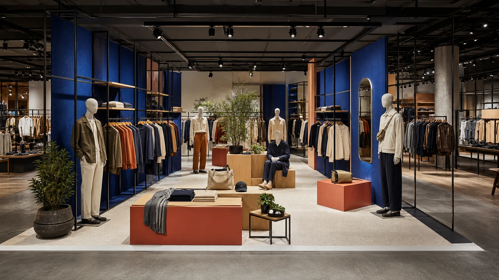 Fictional fashion capsule shop-in-shop with modular apparel rails and display plinths