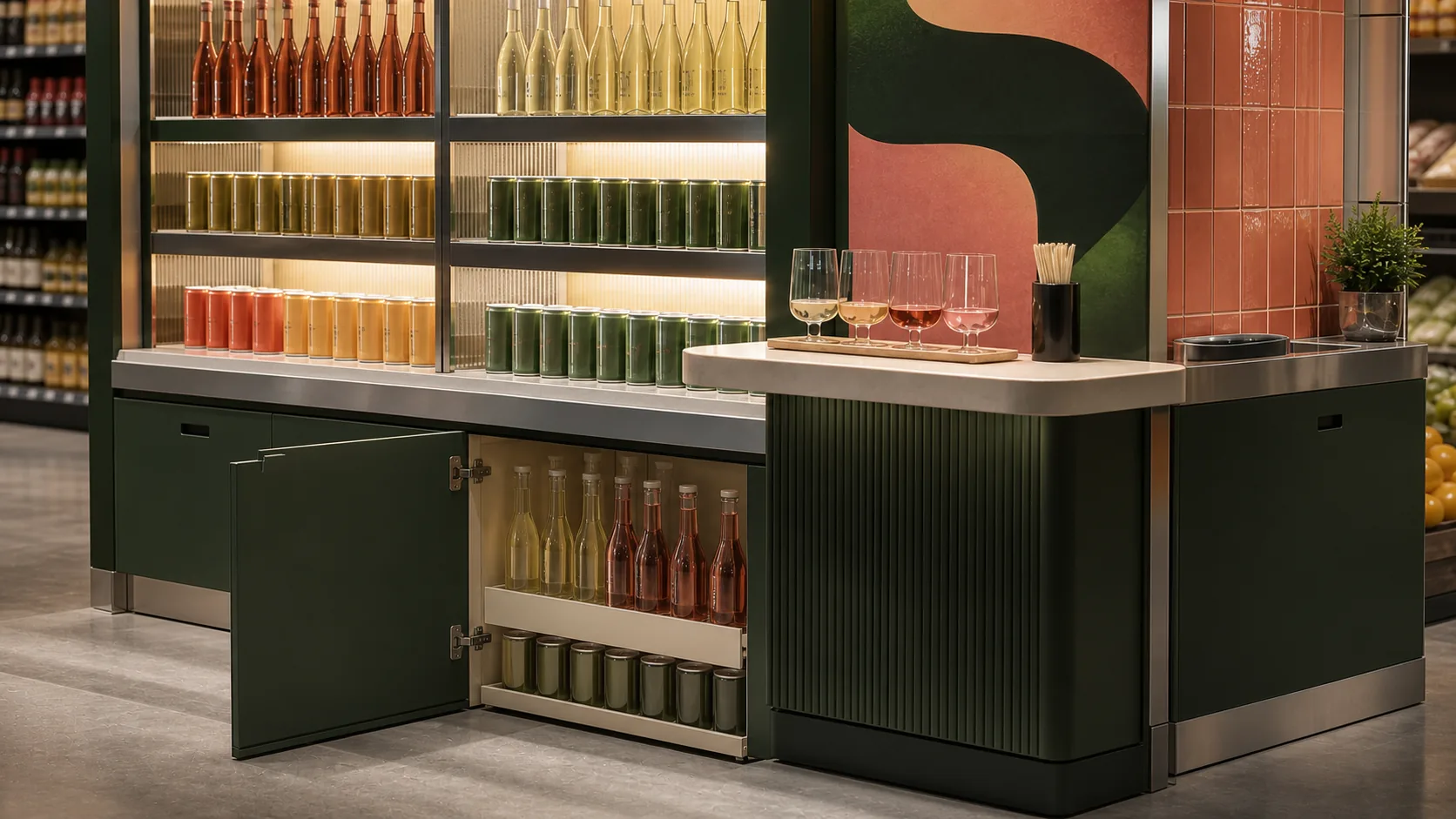Cleanable tasting ledge and replenishment access for a fictional beverage display