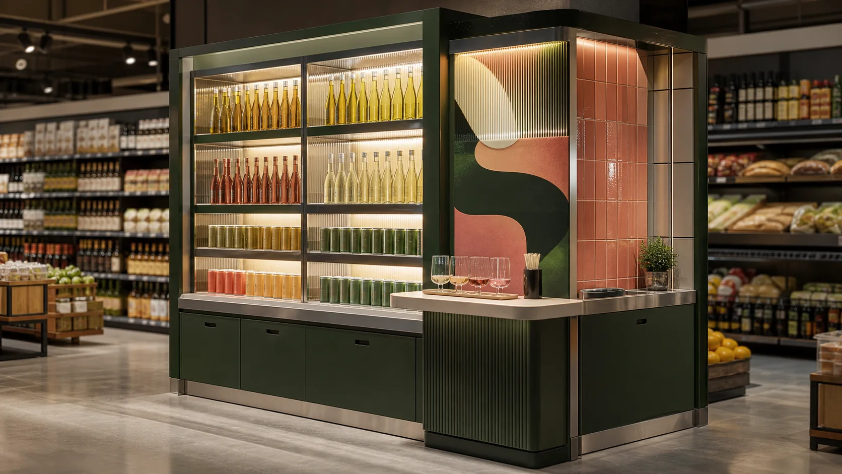 Fictional premium beverage tasting endcap with integrated shelving and sampling ledge