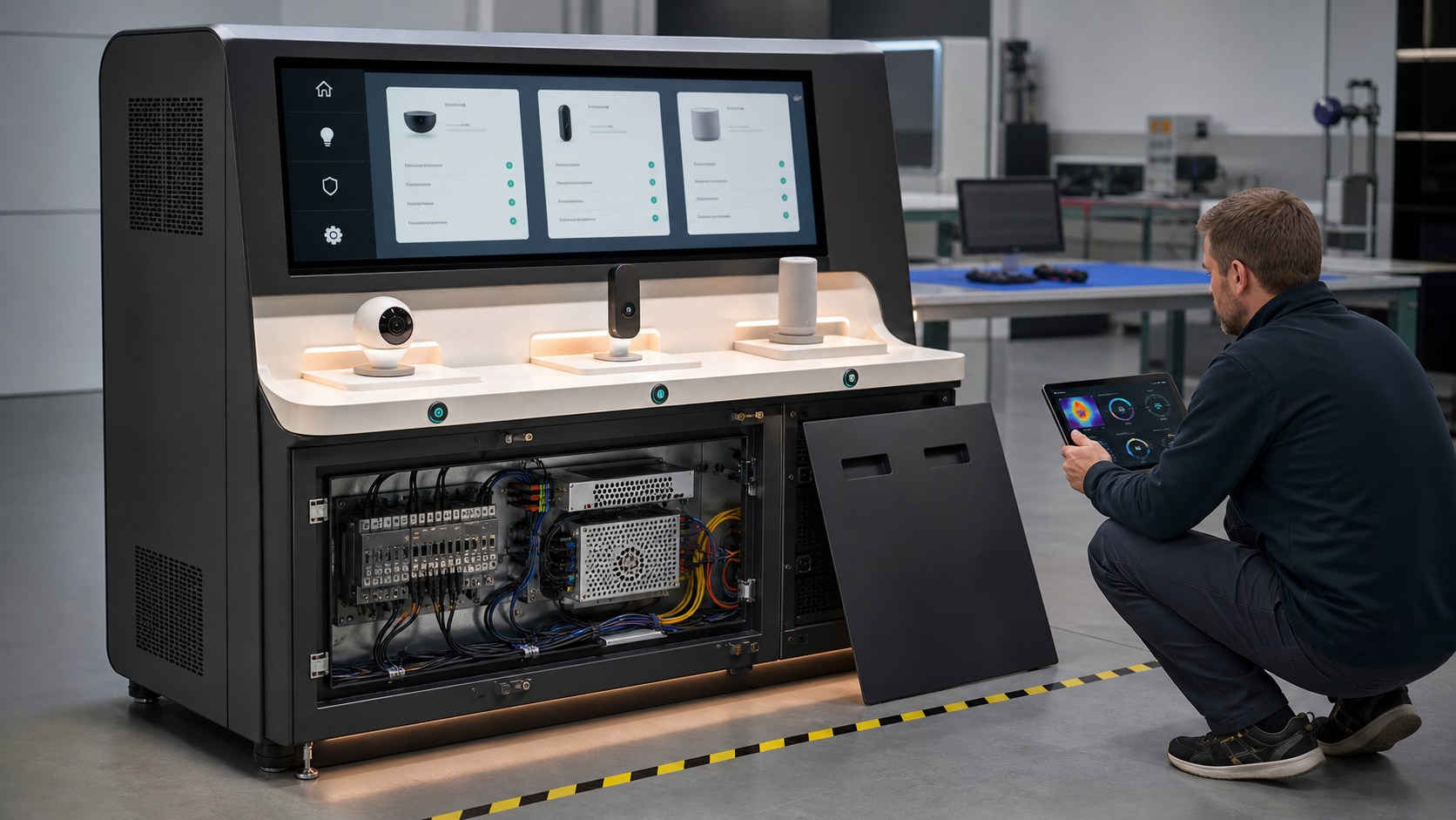 Representative connected home AI discovery bar prototype undergoing electronics, thermal, and service-access validation
