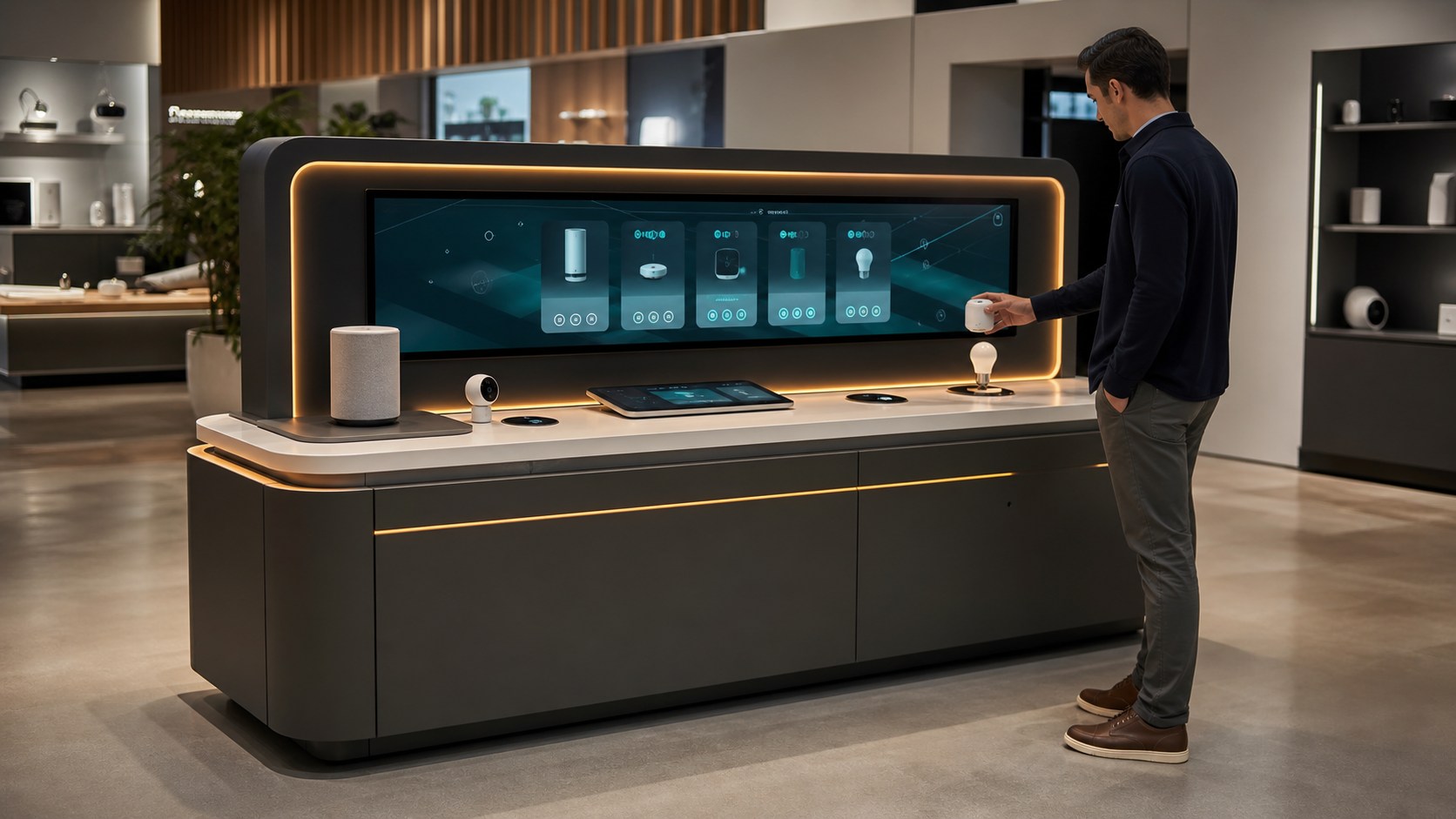 Representative connected home AI discovery bar responding to a visitor lifting a smart device