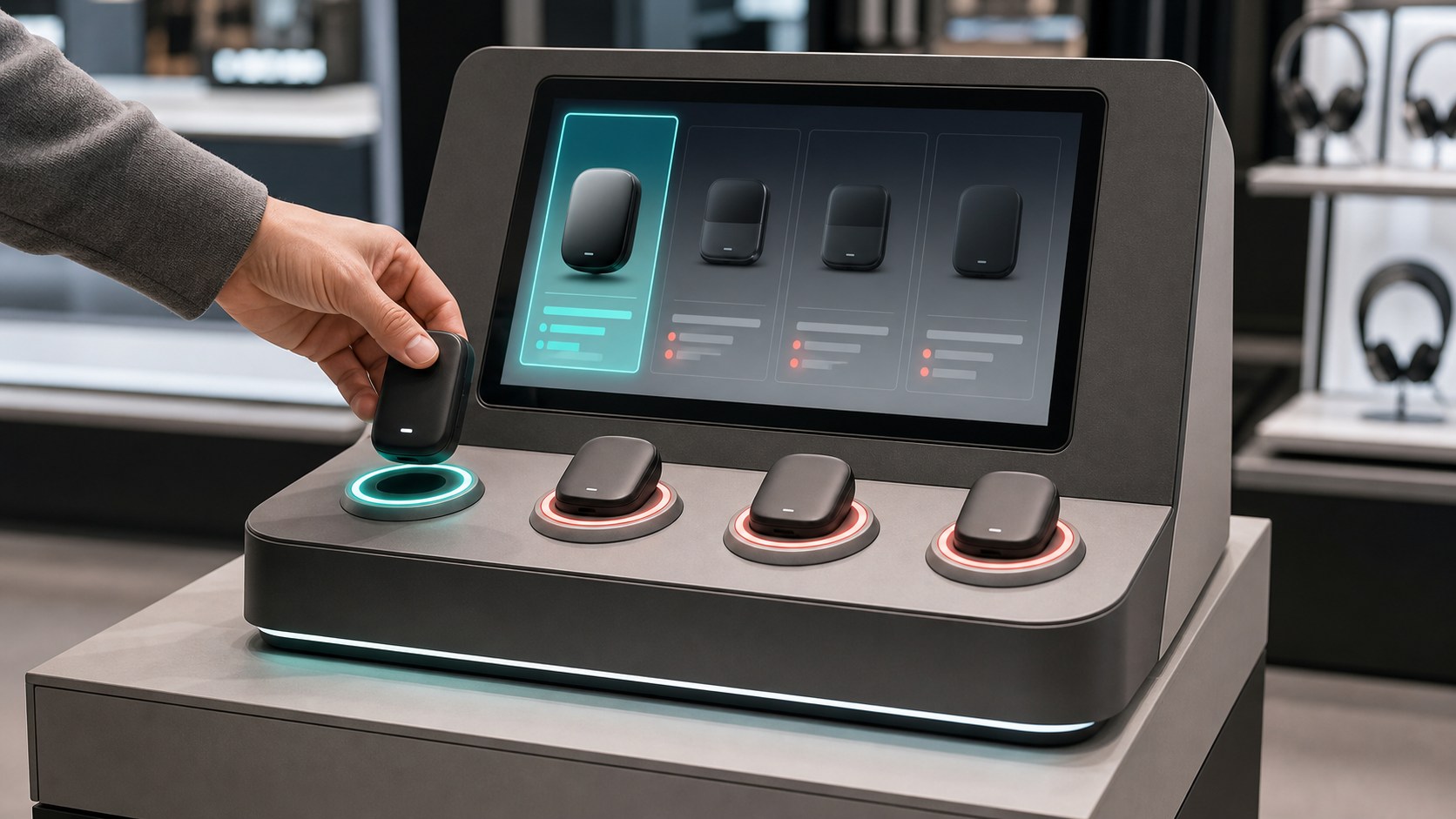 Representative smart device discovery counter with integrated product docks and digital interaction zones