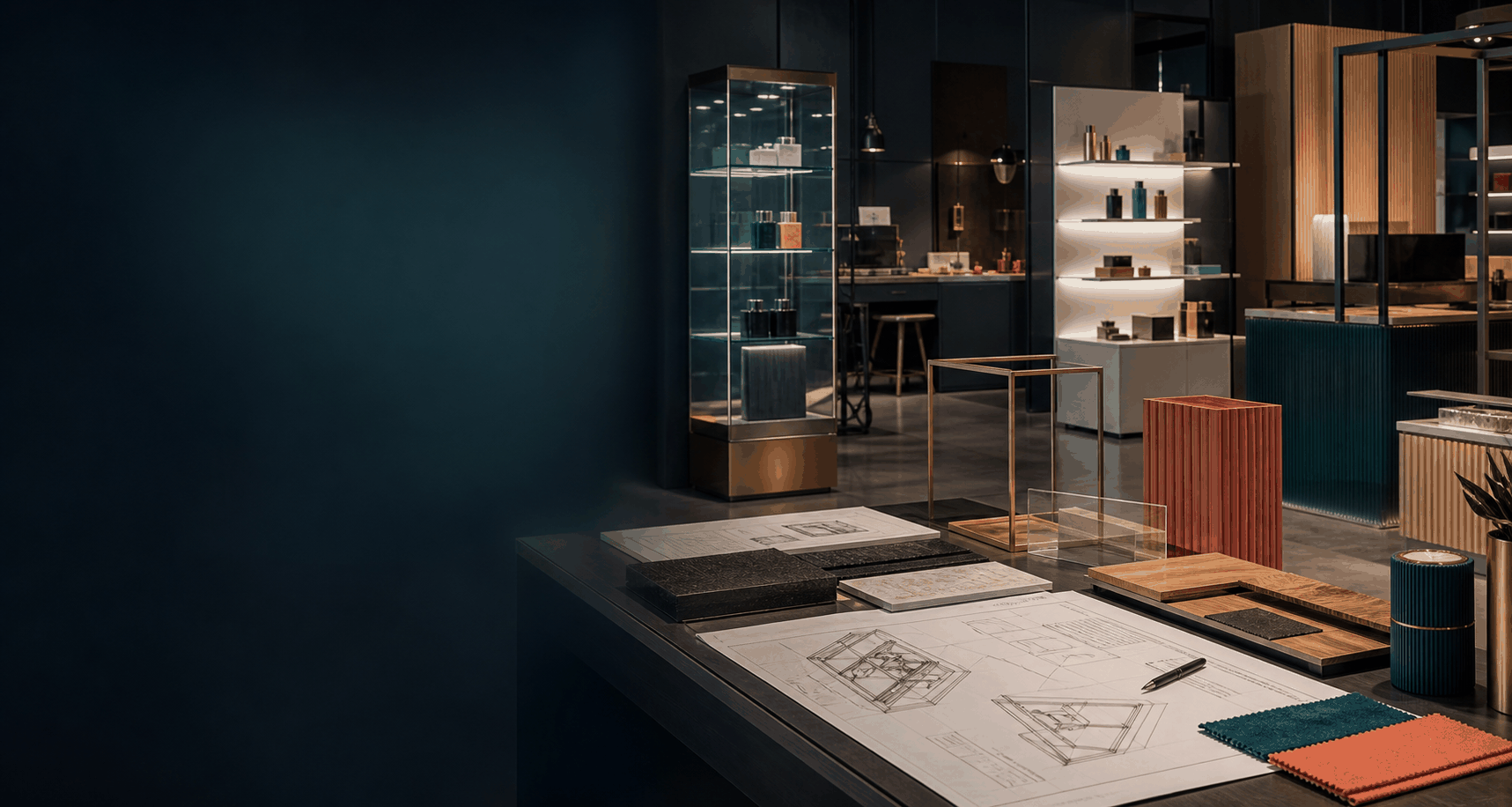 Premium retail display studio with CAD drawings and production planning materials
